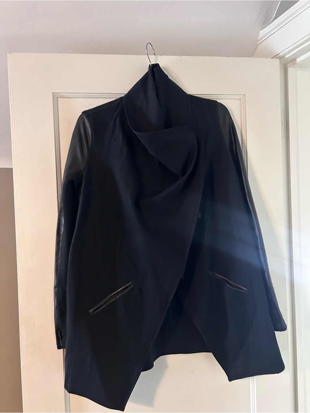 SPANX Black Draped Open-Front Trench Coat with Faux-Leather Sleeves